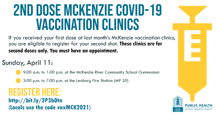 April 11th – 2nd Dose COVID-19 Vaccinations for Eligible McKenzie Valley Residents